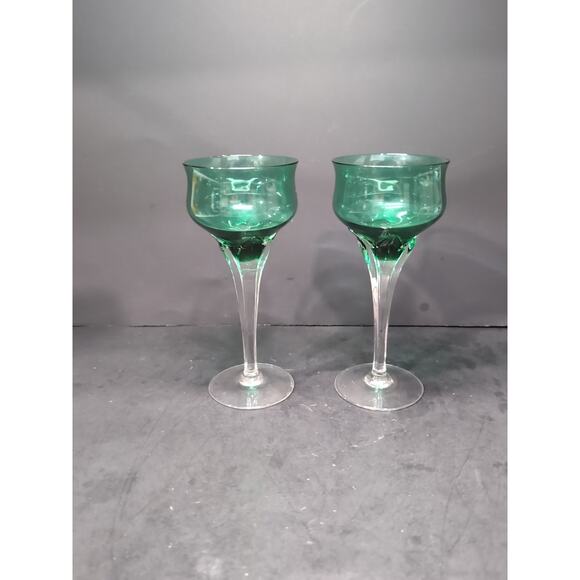 Tulip Stemware Emerald Green Cordials, Art Glass Set of 2, Murano Style, Vintage - Picture 2 of 9
